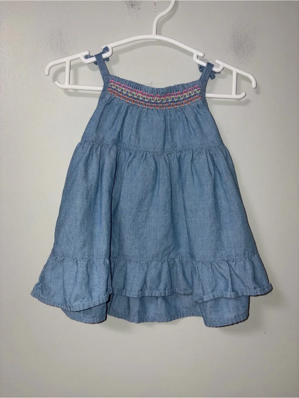 The Children’s Place Blue Chambray Tiered Sleeveless Dress Colored Neck 3-6M